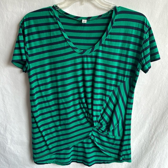 Halogen green and navy striped high-low top with side twist, size L - Picture 1 of 6